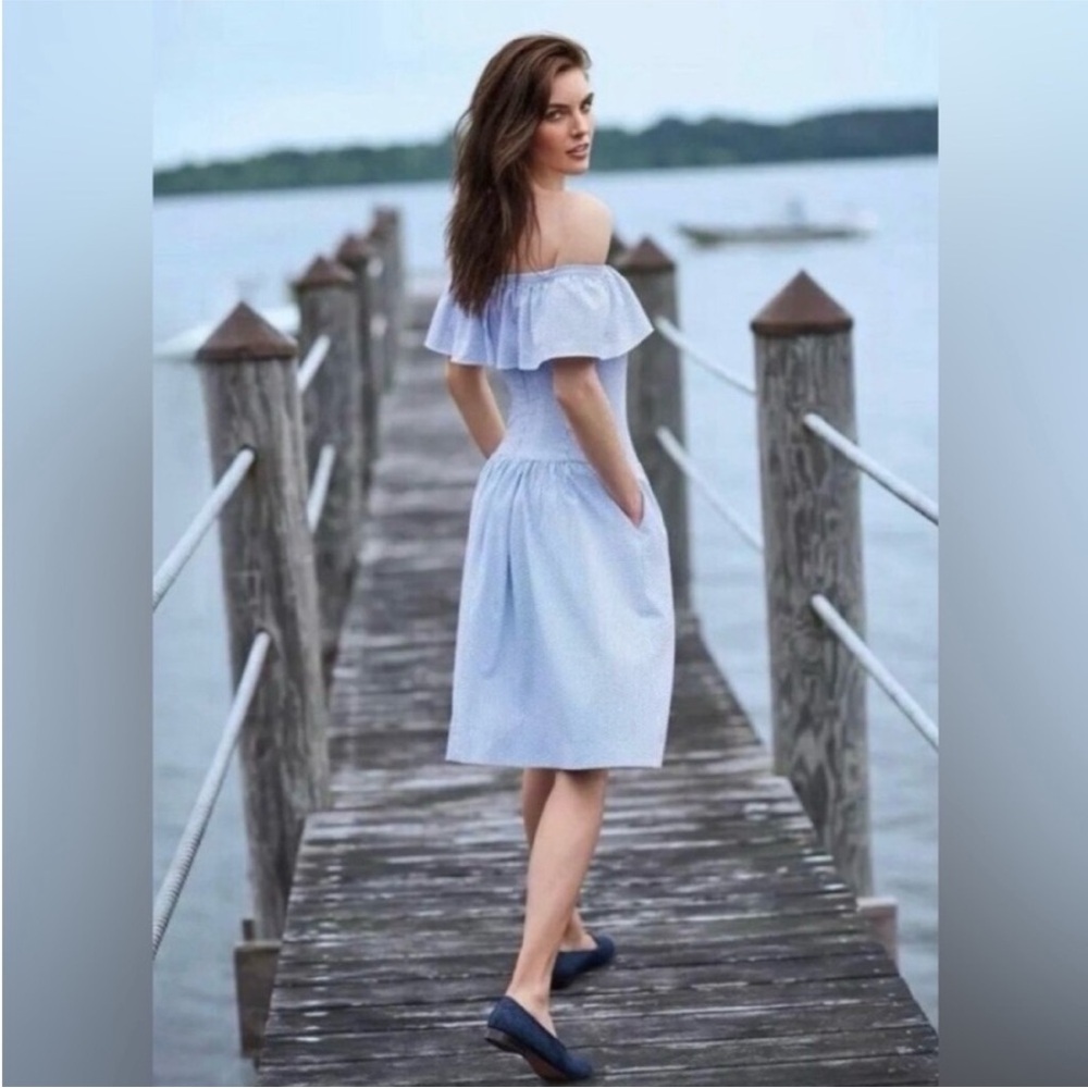 Ralph Lauren Blue Off-Shoulder Midi Sundress Puff Sleeves